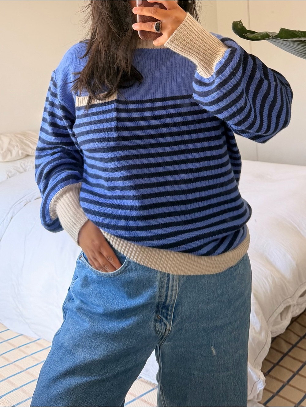 Striped crewneck sweater with cream trims